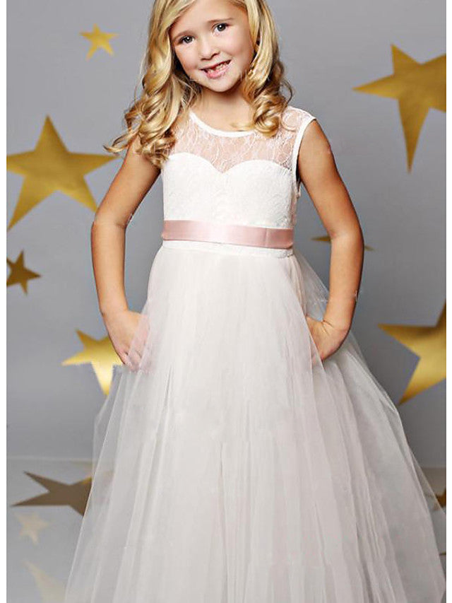 Sleeveless Illusion Neck A-Line Flower Girl Dress Lace Satin Tulle With Solid