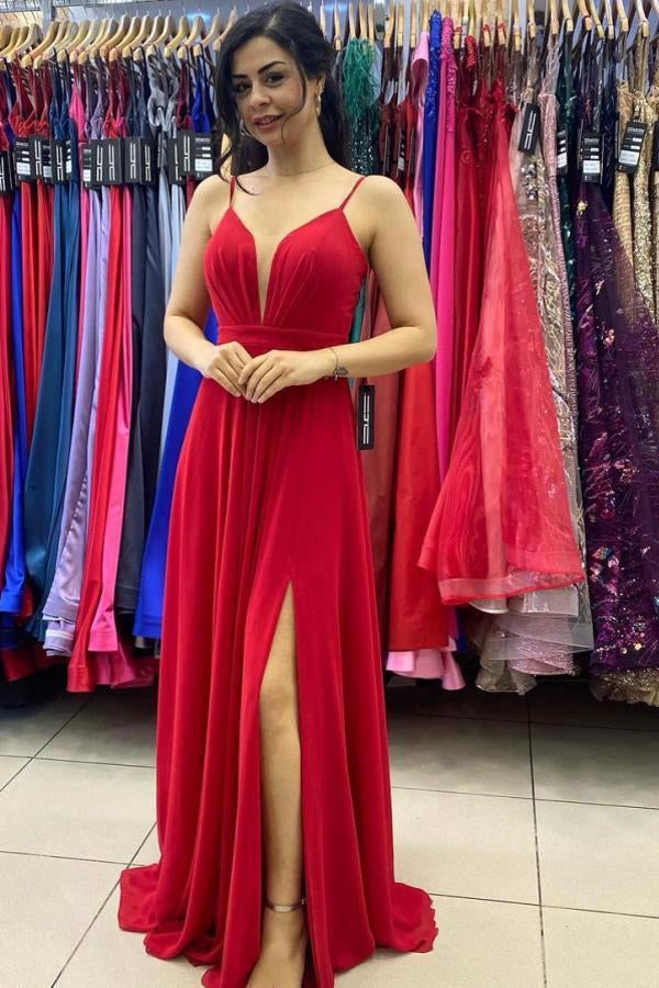 Long Red Prom Dress with Slit and Spaghetti-Straps