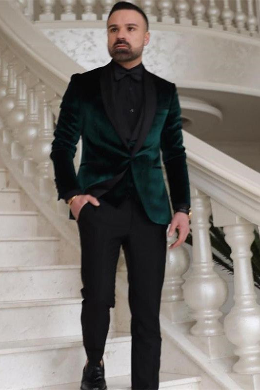 Dark Green Velvet 3 Piece Fashion Suit for Groom Weddings Online