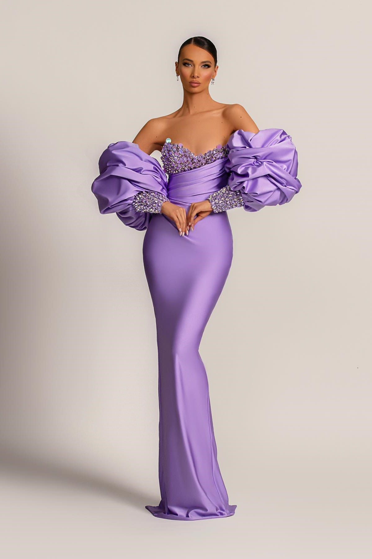 Purple Mermaid Prom Dress With Appliques Puff Sleeves