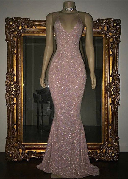 Elegant V-Neck Halter Mermaid Evening Dress with Sequins