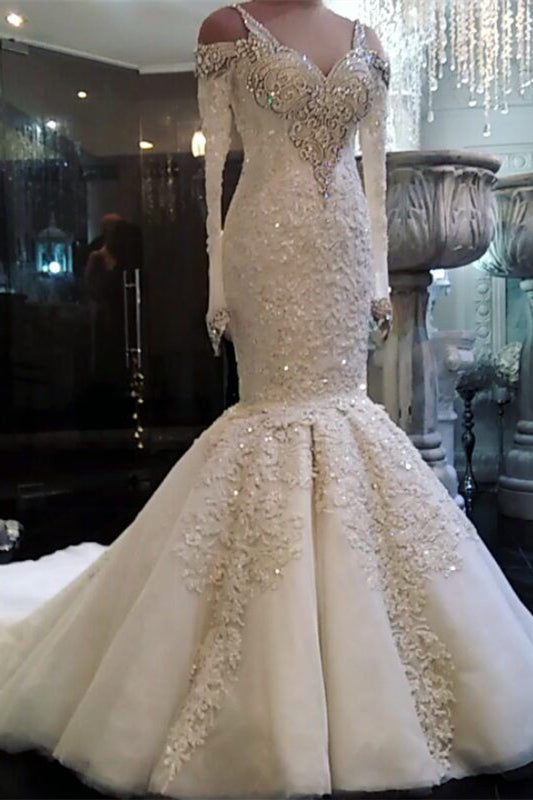 Elegant Beadings V-Neck Mermaid Wedding Dress With Lace Appliques