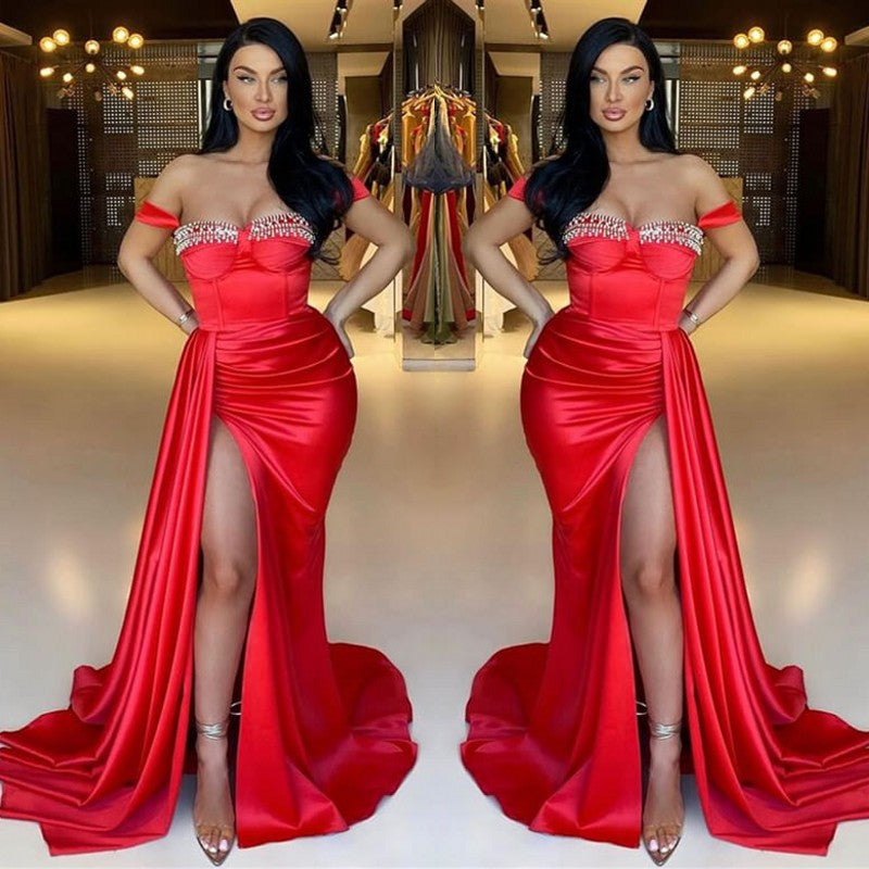 Mermaid Off-The-Shoulder Sweetheart Evening Dress with Beadings, Ruffles & Split Red