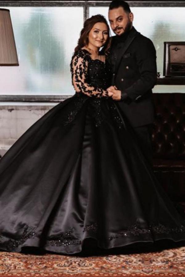 Vintage Black Long Ball Gown Satin Wedding Dress with Sleeves