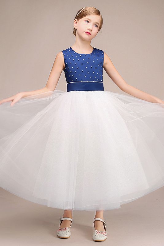 Jewel Sleeveless Tulle Flower Girl Dress with Beads Bowknot