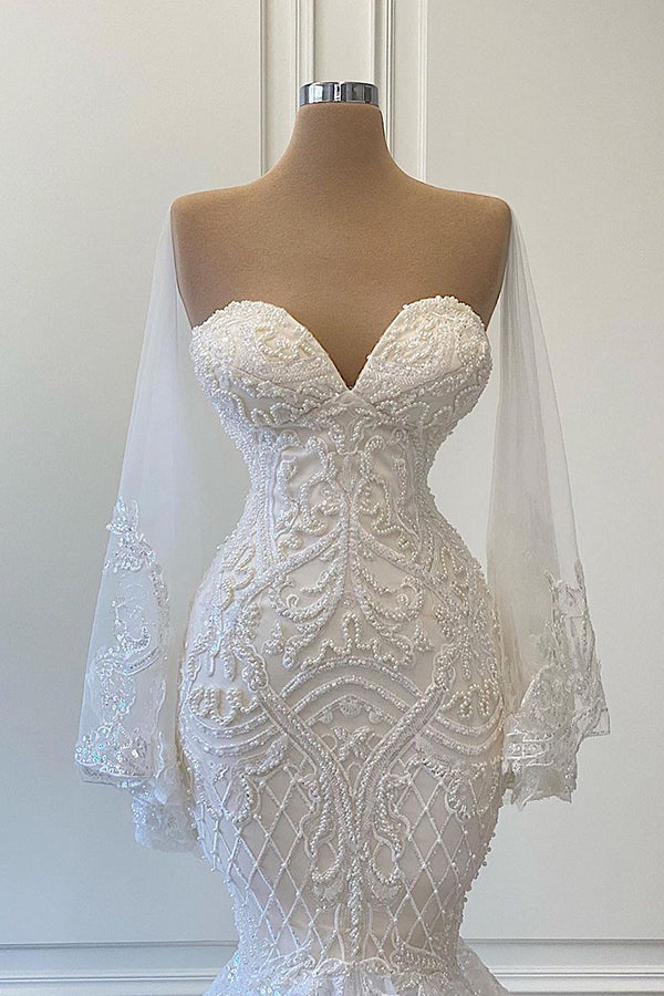 Lace Mermaid Wedding Dress with Pearls Beadings for Sweethearts