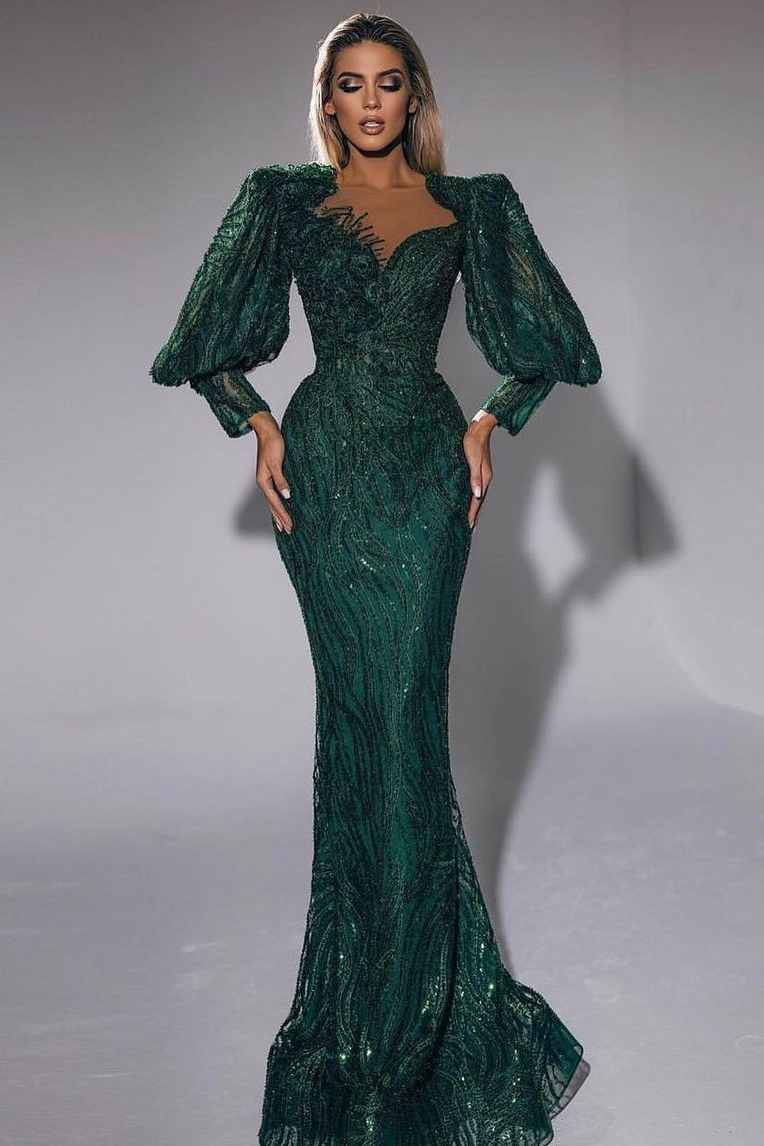 Dark Green Sweetheart Long Sleeves Mermaid Evening Dress with Sequins