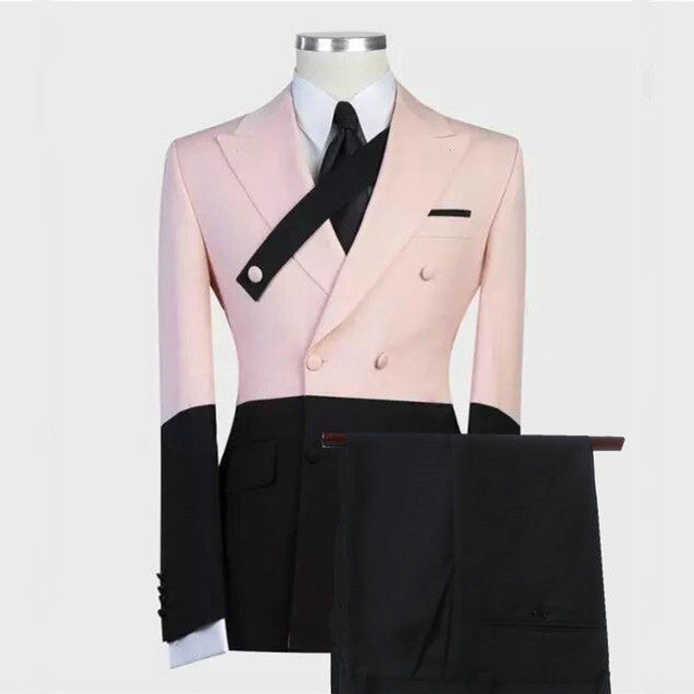 Double Breasted Ring Bearer Suits with Stitching Peaked Lapel Pink and Black