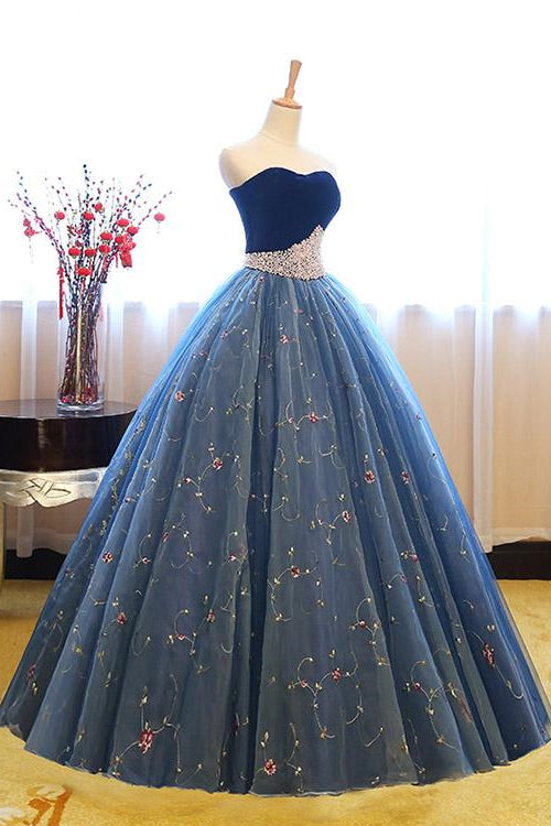 Royal Blue Sweetheart Ball Gown Evening Dress with Pearl Appliques and Sleeveless Design