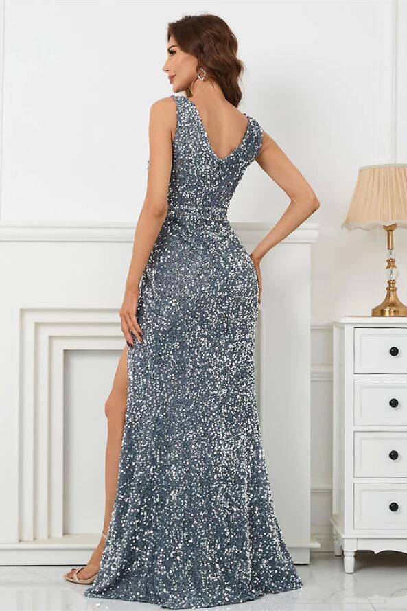 Glamorous Sliver V-Neck Mermaid Sleeveless Prom Dress With Split Sequins