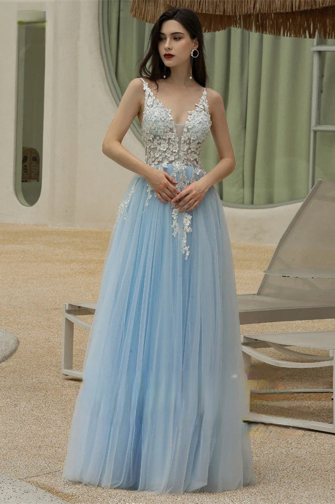 Sky Blue Sweetheart V-Neck Spaghetti-Straps Long Prom Dress