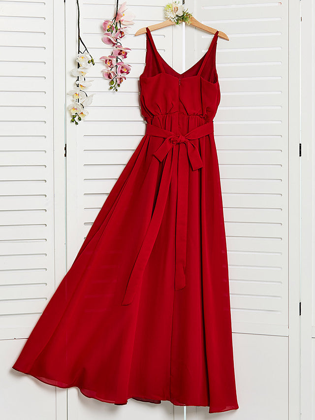 A-Line Spaghetti Strap Floor Length Chiffon Junior Bridesmaid Dress with Sash Ribbon and Ruching