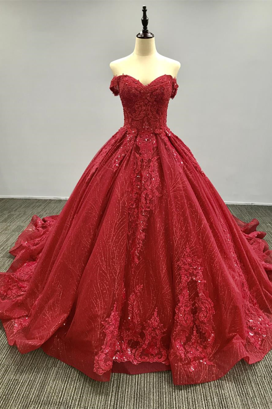 Elegant Red A Line Sweetheart Wedding Dress With Tulle Sweep and Appliques Sequins