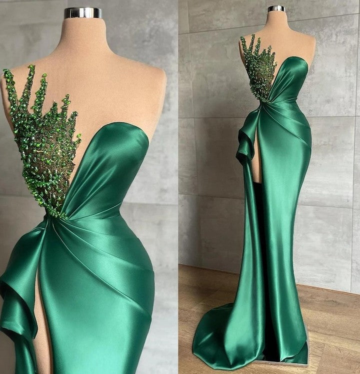 Gorgeous Emerald Green Mermaid Evening Dress With Split & Appliques