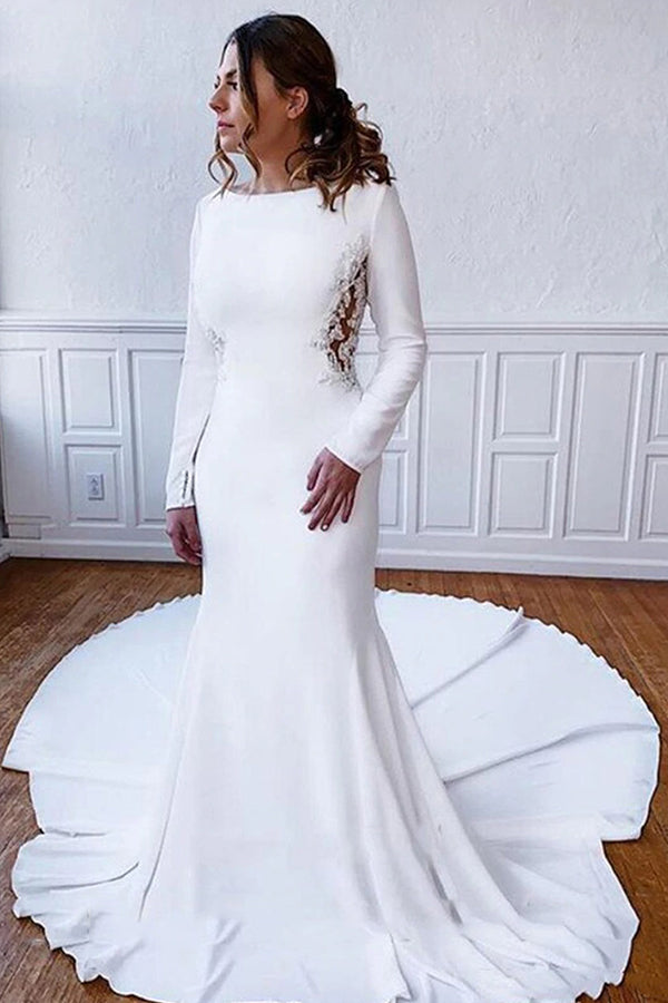 Simple Long Sleeve Illusion Lace Back Sheath Wedding Dress with Appliques