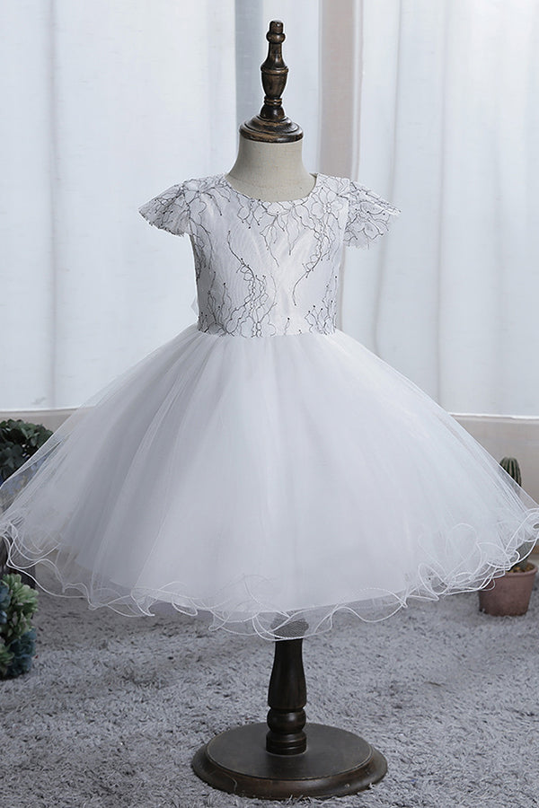 Stunning Blue Short Sleeves Jewel Flower Girl Dress with Appliques