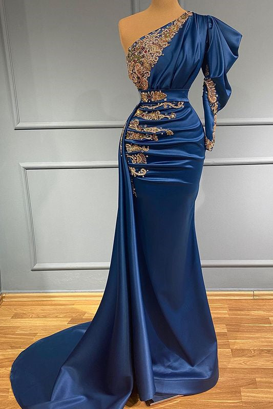 Royal Blue Beadings One-Shoulder Mermaid Prom Dress Long