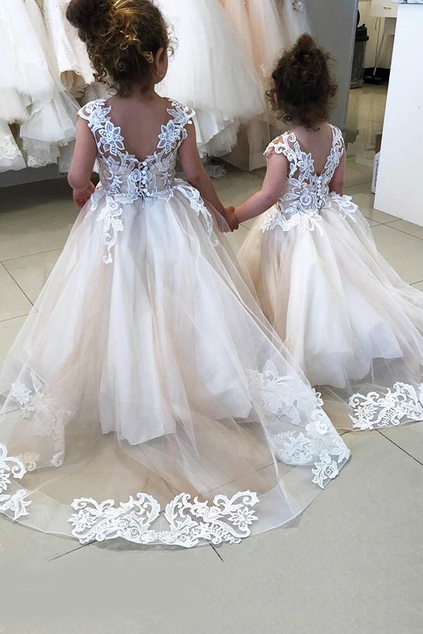 Jewel A-line Flower Girl Dresses with Tulle and Lace Appliques