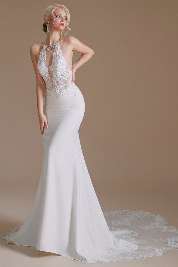 Mermaid Halter Backless Satin Wedding Dress with Appliques Lace