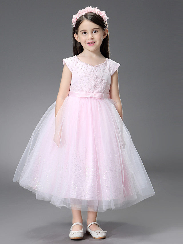 Princess Ankle Length Dresses with Beading Appliques for Flower Girls