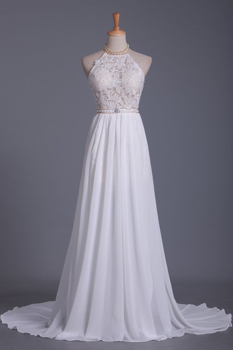 Chic Halter Backless Chiffon A-Line Floor-length Wedding Dress With Ruffles and Pearl Lace