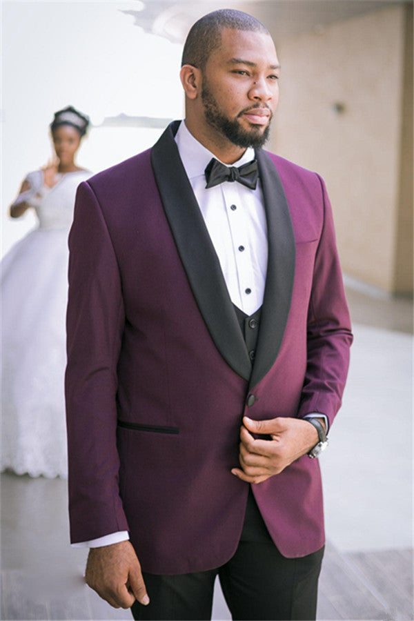 Purple Three-Piece Easy Fit Wedding Suit with Black Lapel