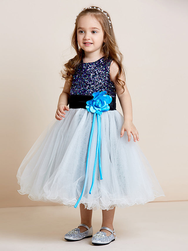 A-Line Tea Length Tulle & Sequined Sleeveless Jewel Neck Dress with Sash Ribbon Sequin Draping and Mini Me