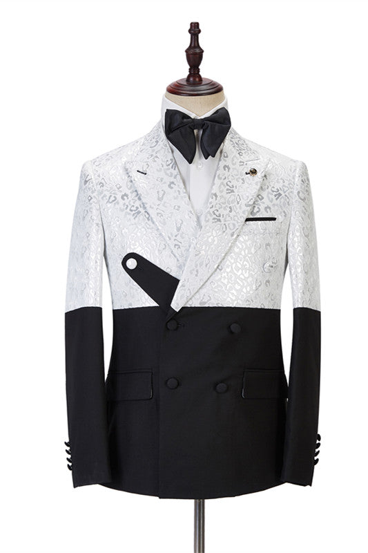 Handsome Black & White Jacquard Marriage Blazer Suit with Peaked Lapel