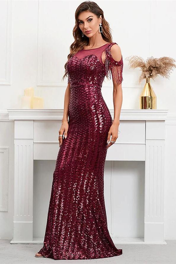 Dazzling Burgundy Mermaid Prom Dress with Sequins and Tassels