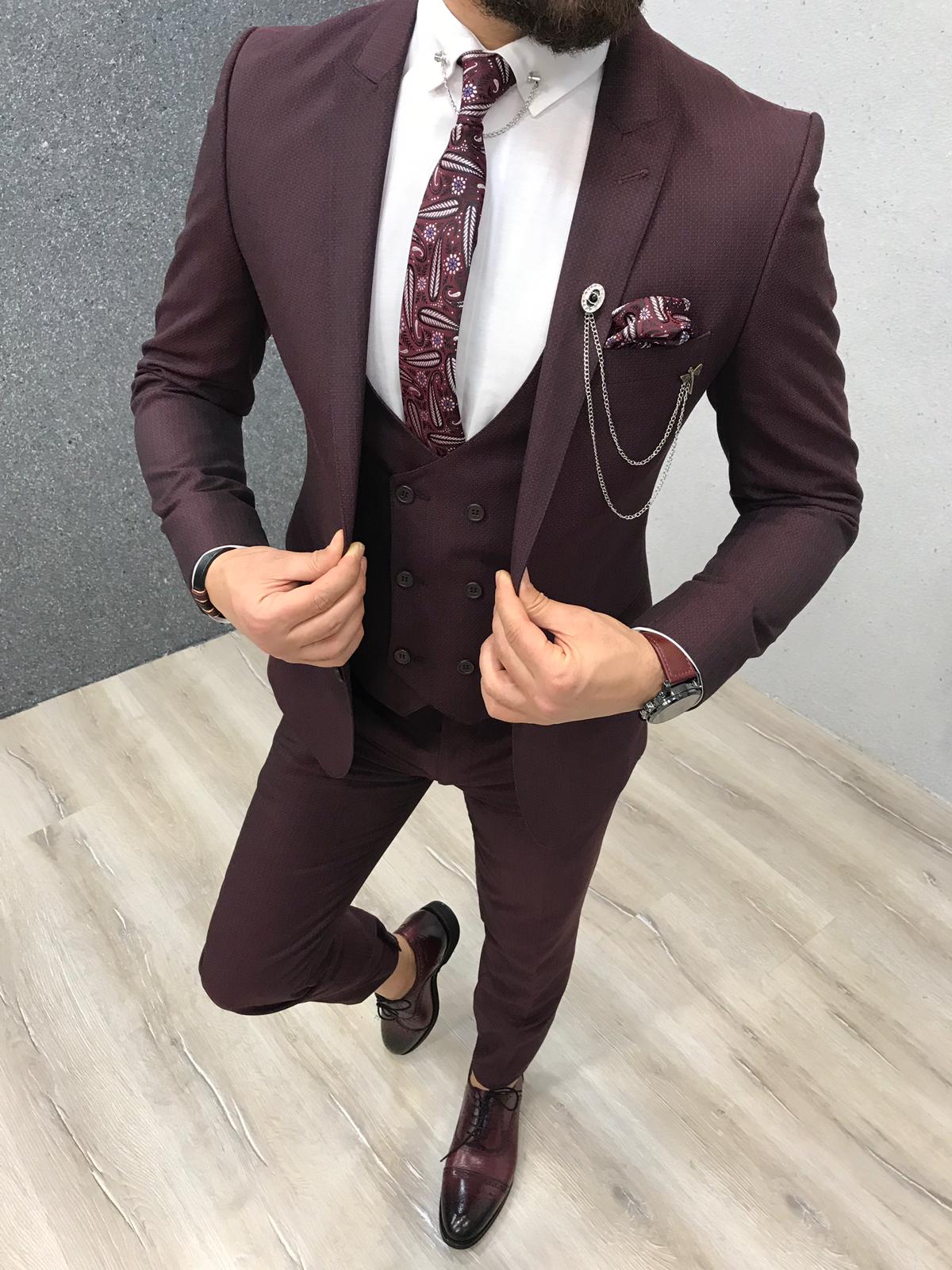 3 Piece Burgundy Reception Suit w/ Peaked Lapels - Handsome Look