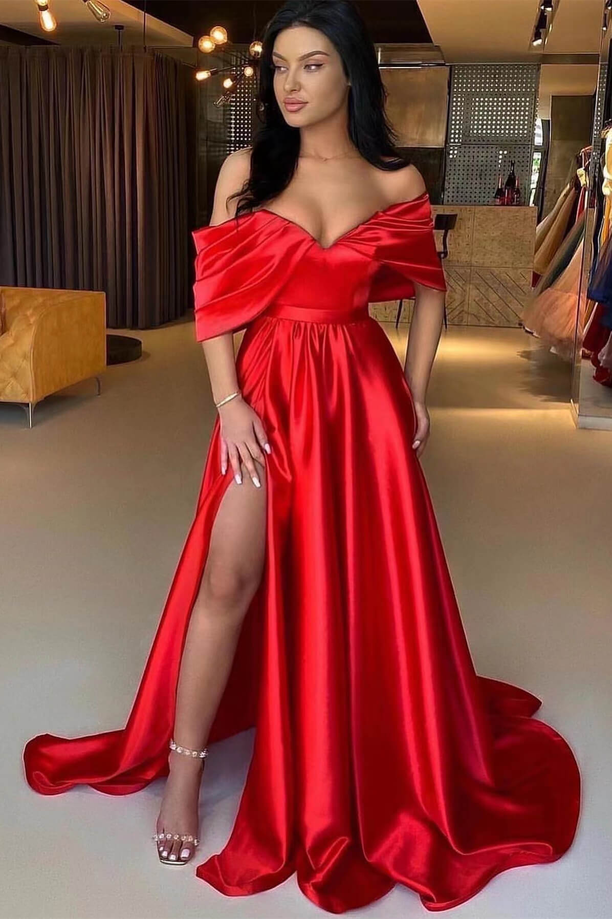 Red Off The Shoulder Split A Line Prom Dress