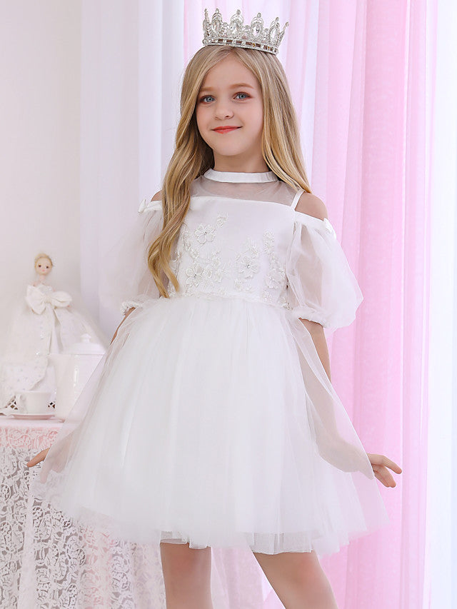 Halter Neck 3/4 Length Sleeve Satin Ball Gown with Beadings and Appliques for Flower Girl