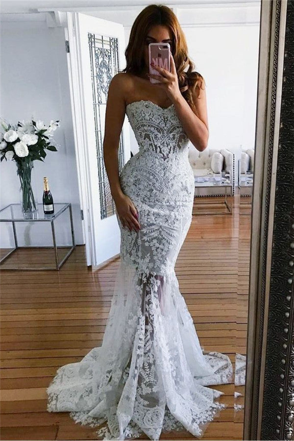 Long Mermaid Sweetheart Wedding Dresses With Lace Appliques for the Modest Bride
