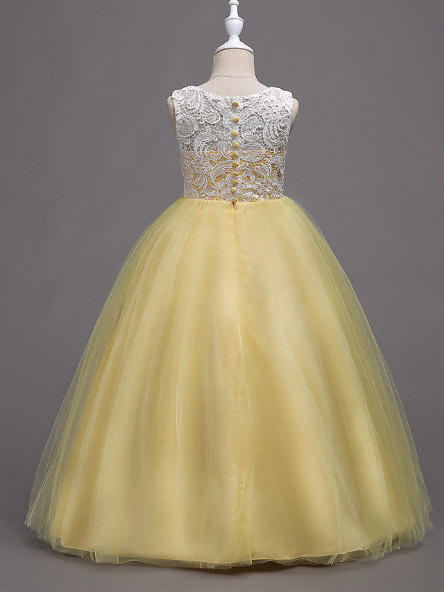 Elegant Lace Satin Tulle Long Length Sleeveless Jewel Neck Flower Girl Dress