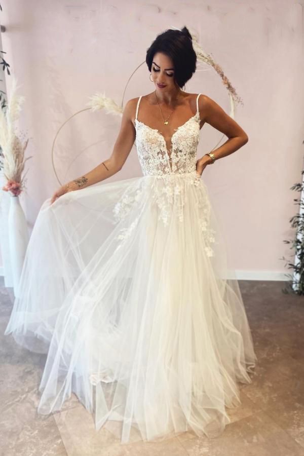 Long A-line Deep V-neck Spaghetti-Straps Backless Wedding Dress with Lace Tulle