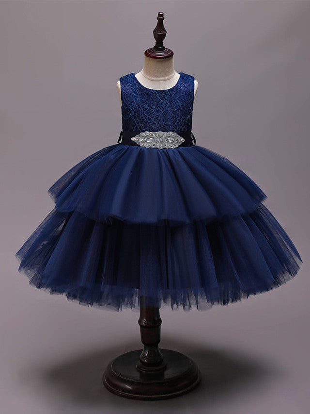 Asymmetrical Jewel Flower Girl Dress with Sleeveless Tulle and Belt - Crystals and Rhinestones