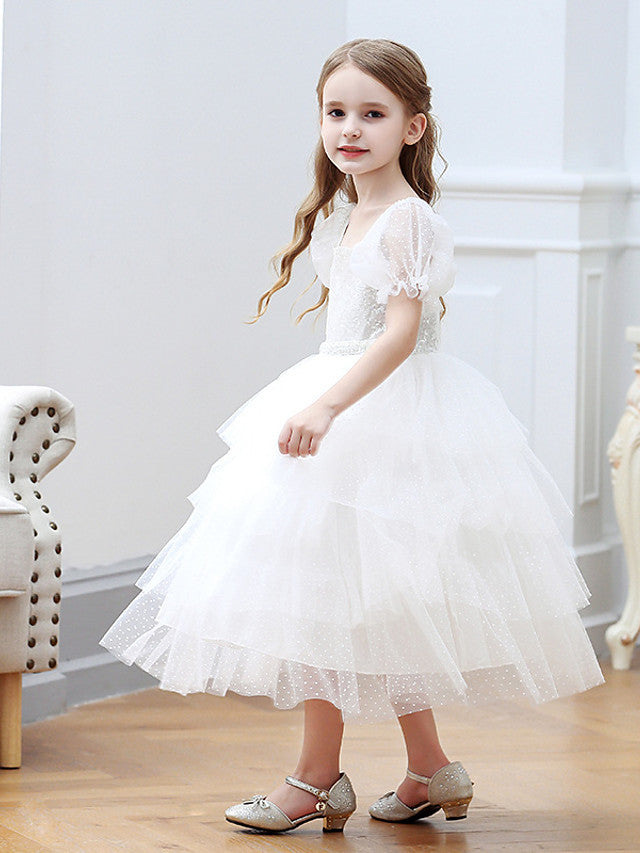 Short Sleeve Square Neck Ball Gown With Cascading Ruffles - Flower Girl Dress Tulle