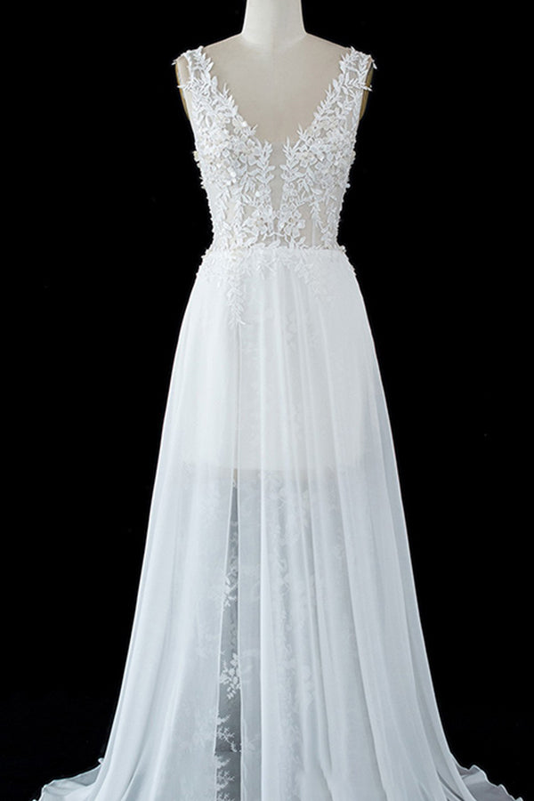 A-line Wedding Dress with Sheer Tulle Straps and Lace Split