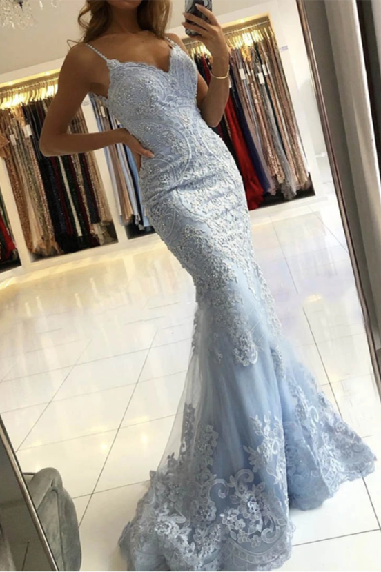 Mermaid Sky Blue Evening Dress with Spaghetti-Straps