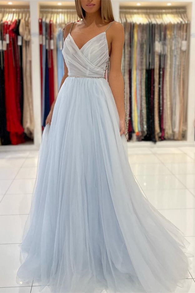 Sky Blue Tulle Prom Dress With Beads and Spaghetti-Straps