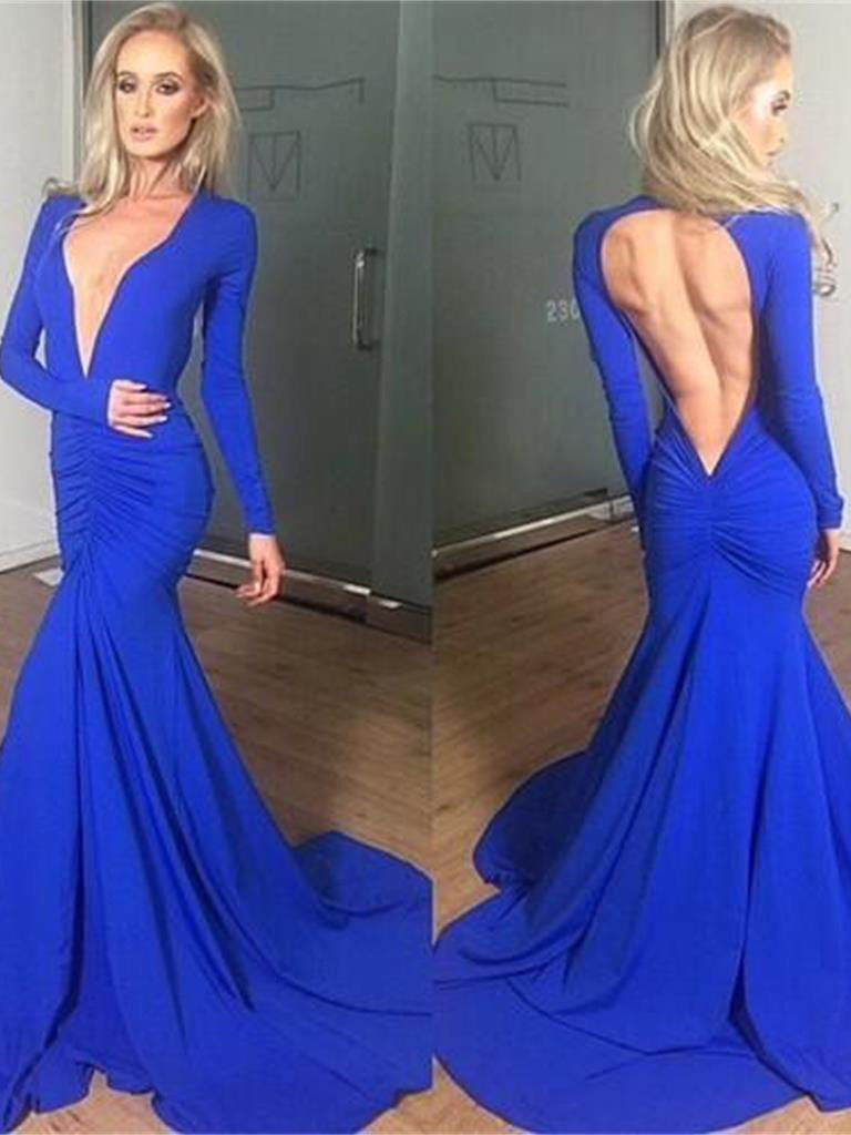 Royal Blue V-Neck Mermaid Prom Dress with Long Sleeves