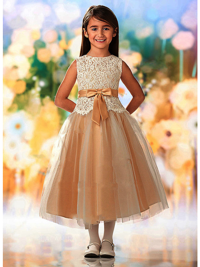 A-Line Sleeveless Lace Tulle Flower Girl Dress With Ankle Length Sash Ribbon Appliques