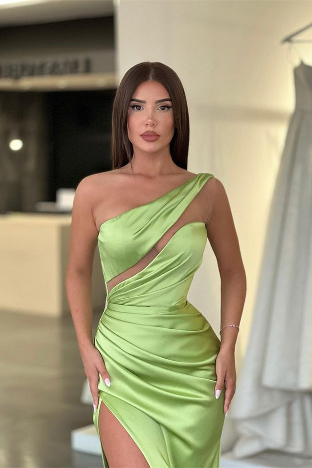 Light Green One-Shoulder Long Sleeveless Slit Evening Dress