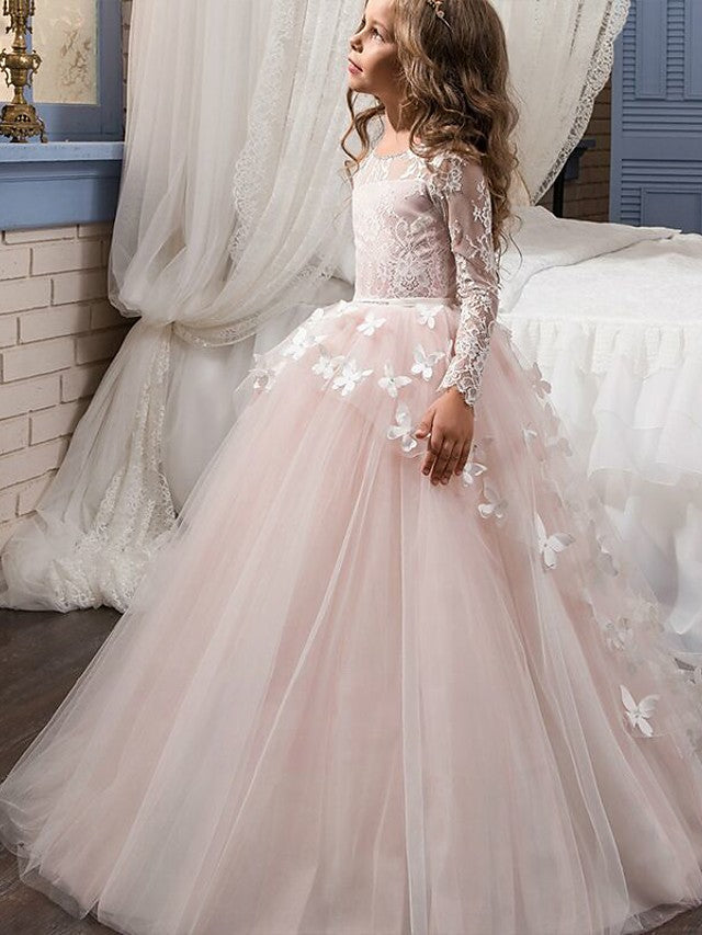 Lace Ball Gown with Bow Appliques and Buttons - Long Sleeve Jewel Neck Flower Girl Dress