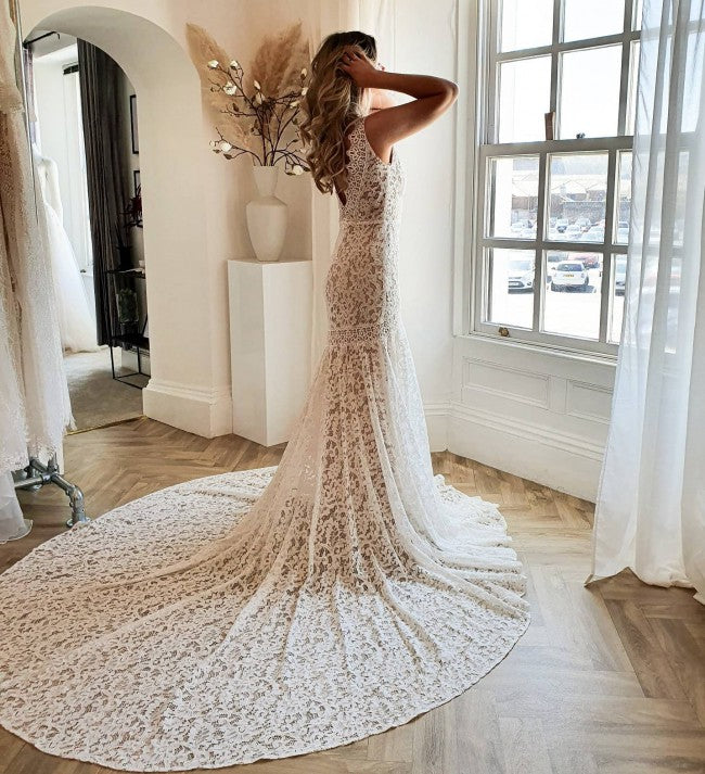 Long Mermaid Wedding Dress With Lace - Modest V-neck Open Back