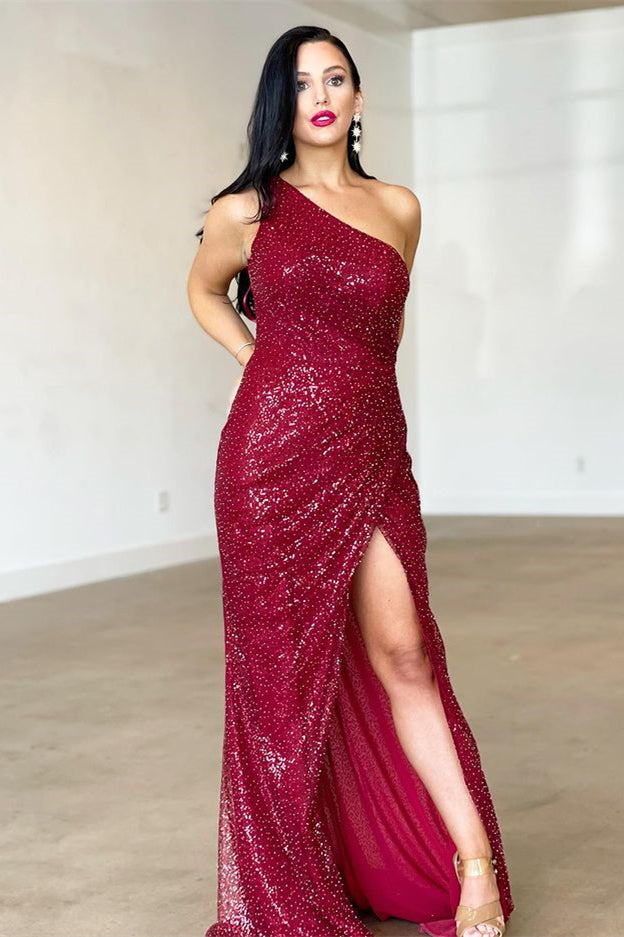 Mermaid Evening Dress with Backless - Burgundy One Shoulder Split