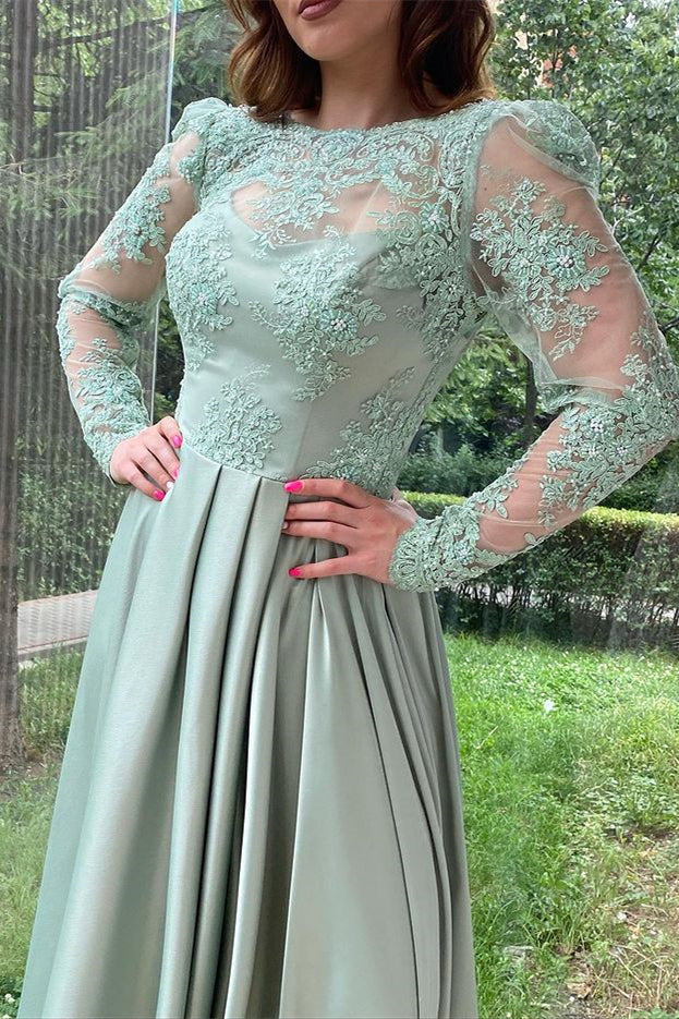 Dusty Sage Evening Dress With Long Split Sleeves and Lace Accents