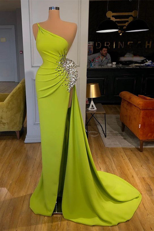 Mermaid Prom Dress with Green Beadings and Split - One Shoulder Sleeveless