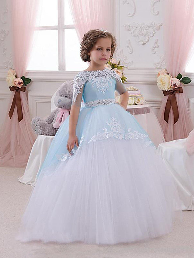 Short Sleeve Jewel Neck Flower Girl Dresses with Lace Tulle Appliques Crystals and Rhinestones