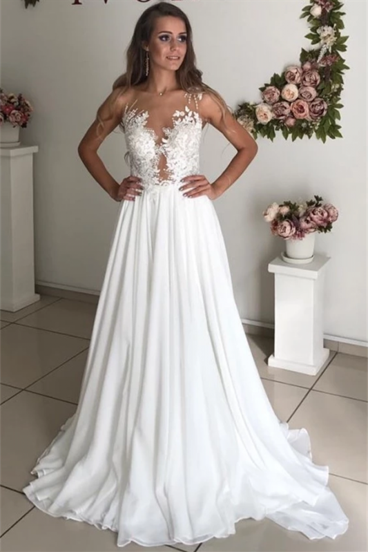 Elegant Long Sleeveless Chiffon Beach Wedding Dress with Appliques